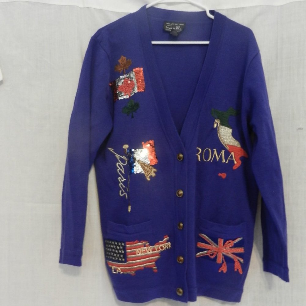 Blue Suzelle  Sweater with fancy appliques - Paris, canada, Italy USA  Medium